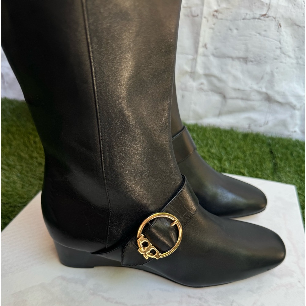 TORY BURCH Sofia Black Leather Knee-High Tall Wedge Boots Size 5 Riding boots - Picture 9 of 11